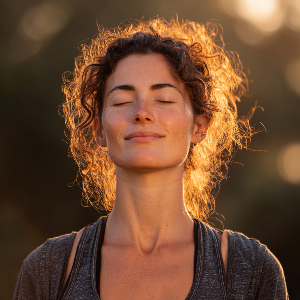 Європейський чоловік у віці сидить в позі лотоса і практикує дихальні вправи, посміхається з закритими очима, спокійна атмосфера, реалістичний стиль