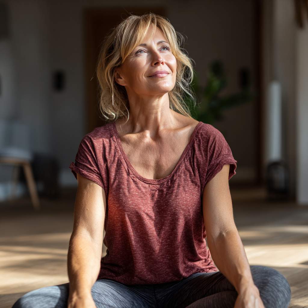 Європейська жінка середнього віку виконує асану йоги в домашній обстановці, усміхнена та розслаблена, природне освітлення, реалістичний стиль